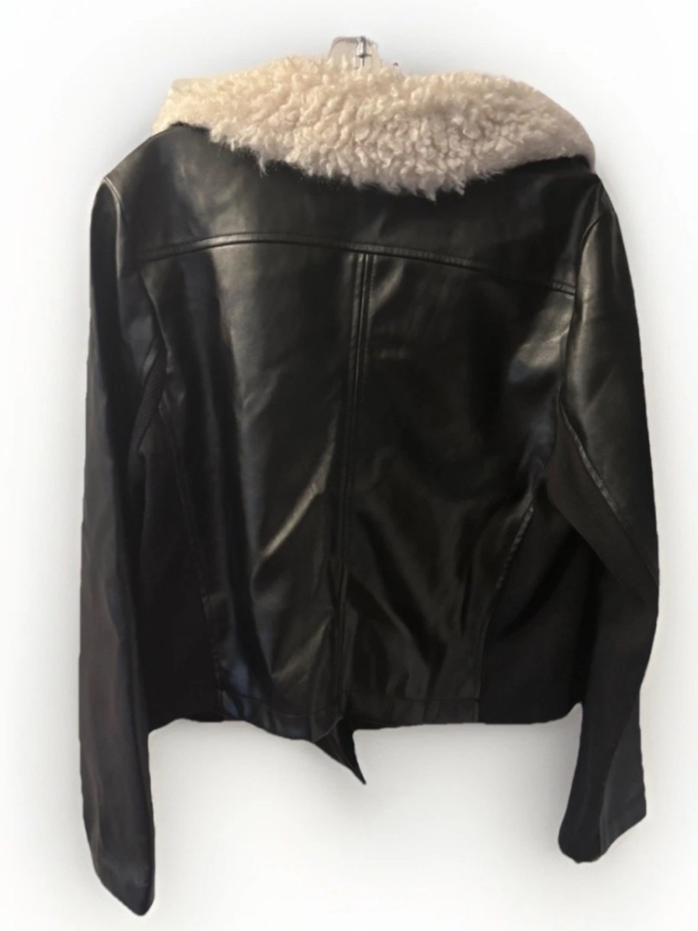 Y2K Juicy Couture Black Faux Leather Bomber Moto Crop Jacket Cream Sherpa Collar - Picture 3 of 4